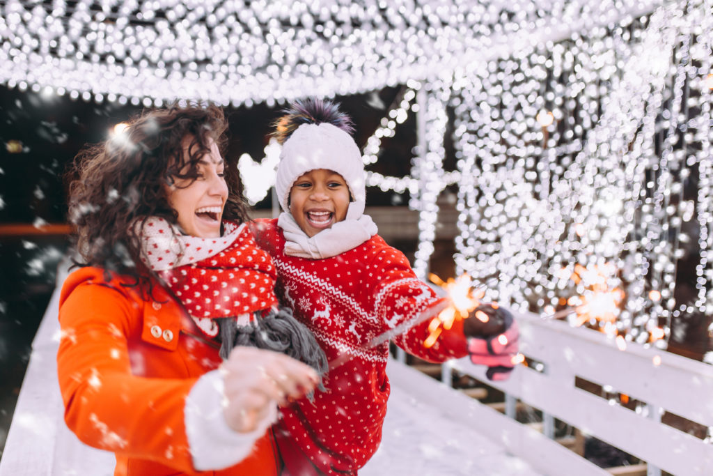 little girl ice skating with mom